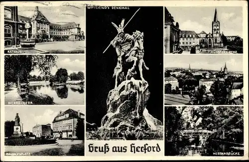 Ak Herford in Nordrhein Westfalen, Münsterkirche, Bahnhofsplatz, Herthabrücke, Rathaus, Denkmal