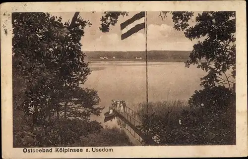 Ak Ostseebad Kölpinsee auf Usedom, Seebrücke, Fahne