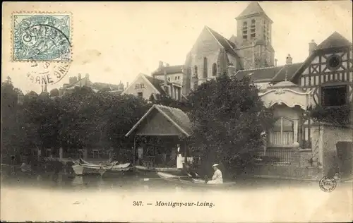 Ak Montigny sur Loing Seine et Marne, barque à rames, vue partielle de la ville