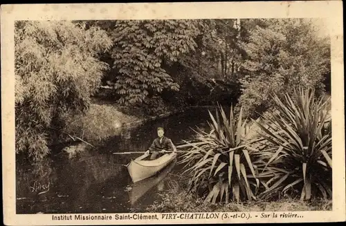 Ak Viry Chatillon Essonne, Institut Missionnaire Saint Clément, Barque sur la Rivière