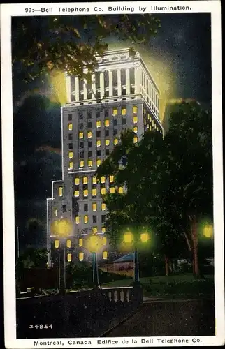 Ak Montreal Québec Kanada, Bell Telephone Co. Building by Illumination