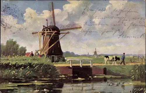 Künstler Ak Landschaft mit Windmühlen