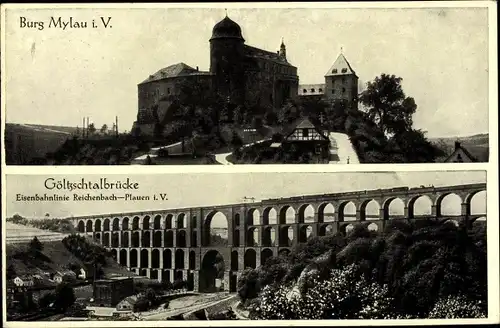 Ak Mylau Reichenbach, Göltzschtalbrücke, Burg