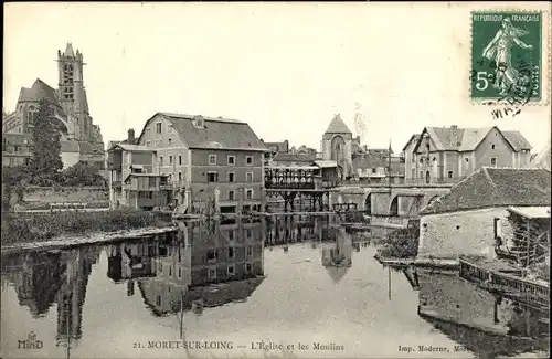 Ak Moret-sur-Loing Seine et Marne, Église et les Moulins