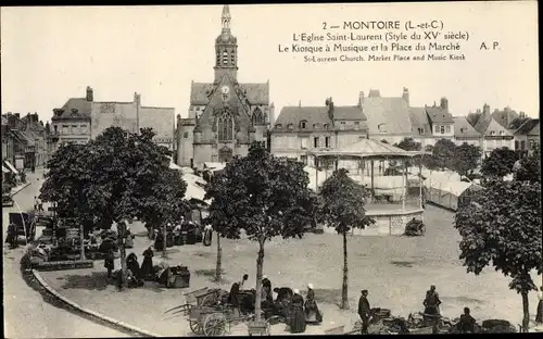 Ak Montoire Loir et Cher, L´Église Saint Laurent, Kiosque à Musique et Place du Marché