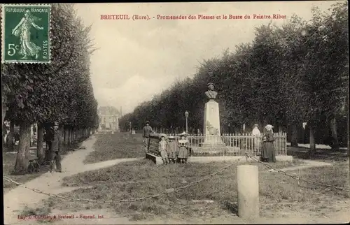 Ak Breteuil Eure, Promenade des Plesses et Buste du Peintre Ribot