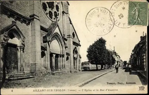 Ak Aillant sur Tholon Yonne, Église et la Rue d´Auxerre