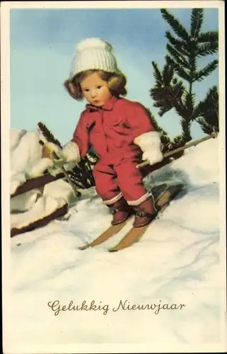 Ak Glückwunsch Neujahr, Puppe auf Skiern