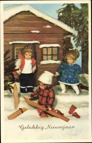 Ak Glückwunsch Neujahr, Puppe mit zerbrochenen Skiern