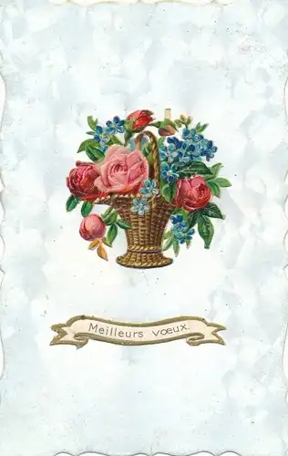 Litho Meilleurs voeux, Blumen in einem Korb, Rosen, Vergissmeinnicht