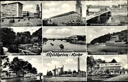 Ak Mülheim an der Ruhr, Rathaus, Stadthalle, Schlossbrücke, Wasserbahnhof, Eisenwerk, Jugendherberge