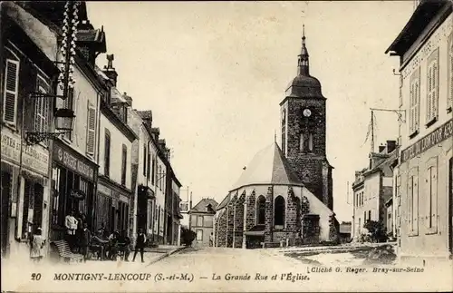 Ak Montigny Lencoup Seine et Marne, Grande Rue, Église, Epicerie Mercerie