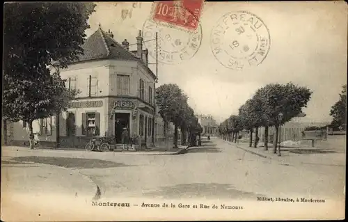 Ak Montereau Seine et Marne, Avenue de la Gare, Rue de Nemours, Epicerie Mercerie Guisard