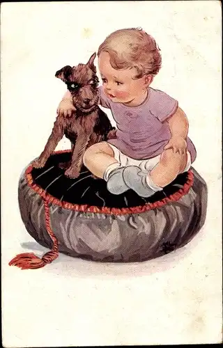 Künstler Ak Kleiner Junge mit Hund