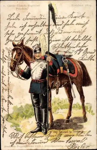Regiment Litho 1. Garde Ulanen Regiment Potsdam, Soldat in Uniform, Pferd