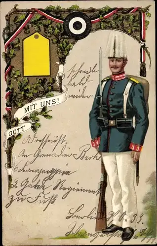 Litho Gott mit uns, Soldat in Uniform, Bajonett, Schulterklappe