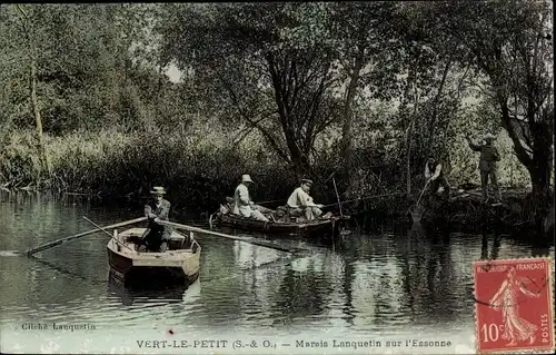 Ak Vert le Petit Essonne, Marais Lanquetin sur L´Essonne, Pêcheurs dans des Barques