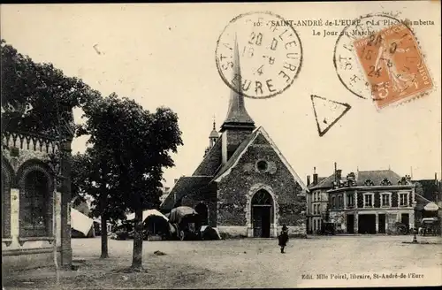 Ak Saint André de l'Eure Eure, L´Église et la Place Gambetta