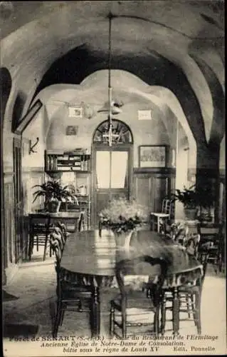 Ak Forêt de Sénart Essonne, Salle de Restaurant de L´Ermitage, Ancienne Église Notre Dame