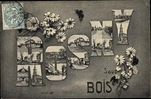 Buchstaben Ak Rosny sous Bois Seine Saint Denis, Fleurs, Église, Pont, Mairie