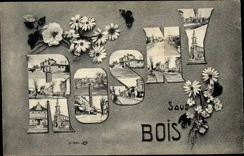 Buchstaben Ak Rosny sous Bois Seine Saint Denis, Fleurs, Église, Pont, Mairie