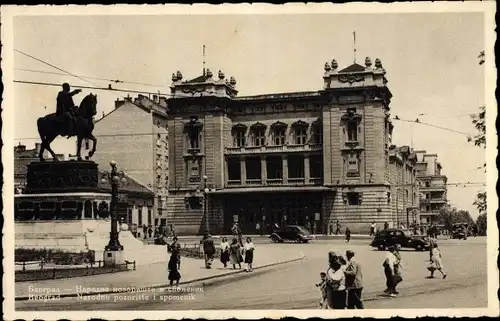 Ak Belgrad Beograd Serbien, Narodno pozoriste i spomenik, Nationaltheater, Reiterdenkmal