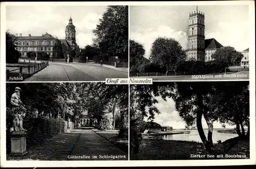 Ak Neustrelitz Mecklenburg Vorpommern, Schloss, Stadtkirche, Zierker See, Götterallee