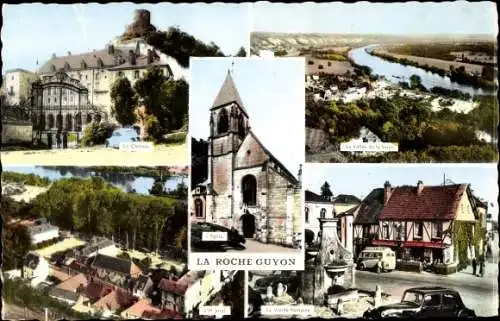 Ak La Roche Guyon Val d’Oise, L´Église, Vallée de la Seine, Le Château