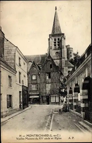 Ak Montrichard Loir et Cher, L´Église, Vieilles Maisons