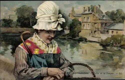 Künstler Ak Normandie, Vallee de la Touques, Frau in Tracht