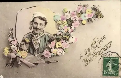 Passepartout Ak Normandie, Mann in Tracht, Blumen
