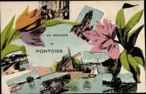 Ak Pontoise Val d'Oise, Kirche, Teilansicht, Windmühle, Blumen