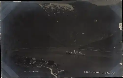 Foto Ak Esefjord Norwegen, Deutsches Kriegsschiff, SMS Kolberg, Kleiner Kreuzer
