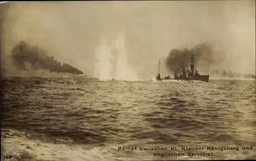 Ak Deutsches Kriegsschiff, SMS Königsberg, Kleiner Kreuzer, Gefecht mit englischem Zerstörer