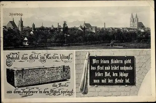 Ak Jüterbog in Brandenburg, Panorama vom Ort, historische Truhe, Inschrift, Keule