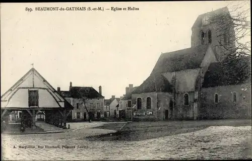 Ak Beaumont du Gâtinais Seine et Marne, Église et Halles