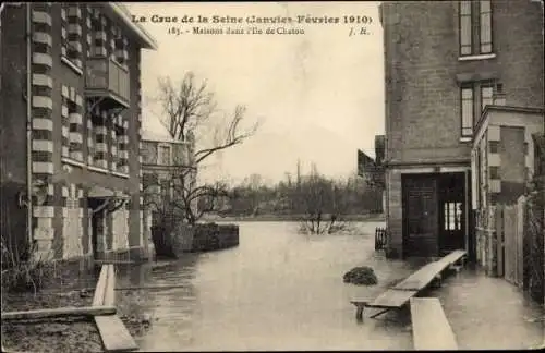 Ak Chatou Yvelines, La Crue de la Seine Canvier Février 1910, Maisons dans l'ile de Chatou