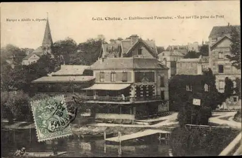 Ak Chatou Yvelines, L'ile et le Restaurant Fournaise, vue prise du Pont