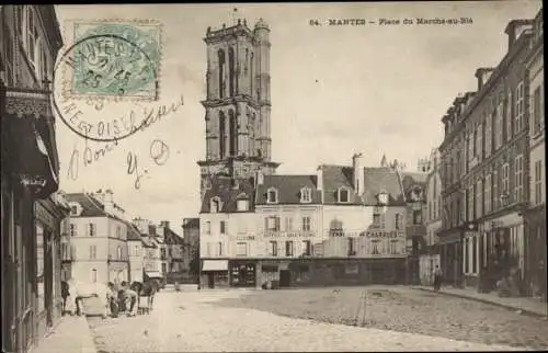 Ak Mantes Yvelines, Place du Marché au Blé, Église