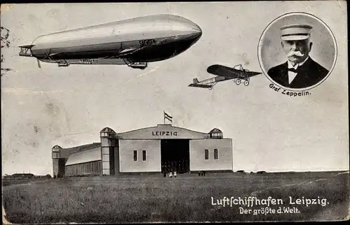 Ak Luftschiffhafen Leipzig, Zeppelin Sachsen, Fluggerät, Ferdinand Graf von Zeppelin, Portrait