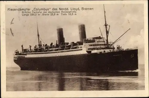 Ak Dampfschiff Columbus, Norddeutscher Lloyd Bremen