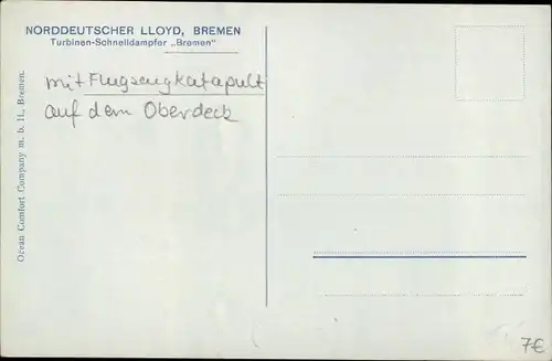 Ak Dampfschiff Bremen mit Flugzeugkatapult auf dem Oberdeck, Norddeutscher Lloyd Bremen