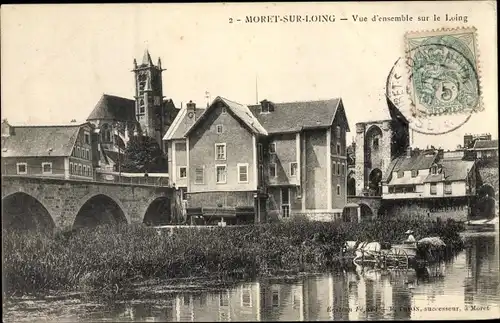 Ak Moret-sur-Loing Seine et Marne, Vue d´Ensemble sur le Loing