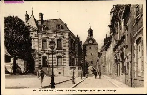 Ak Beaugency Loiret, La Caisse d´Épargne et la Tour de l´Horloge