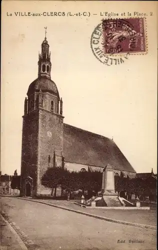 Ak La Ville aux Clercs Loir et Cher, Église et la Place