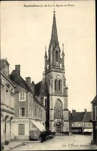 Ak Mondoubleau Loir et Cher, Église et la Place