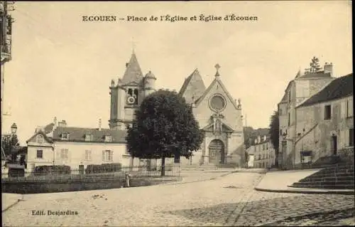 Ak Ecouen Val d’Oise, Place de l´Église et Église d´Écouen