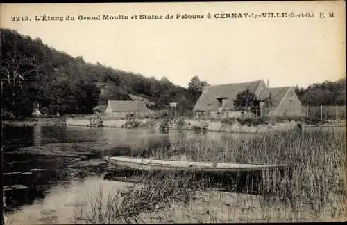 Ak Cernay la Ville Yvelines, Étang du Grand Moulin et Statue de Pelouse