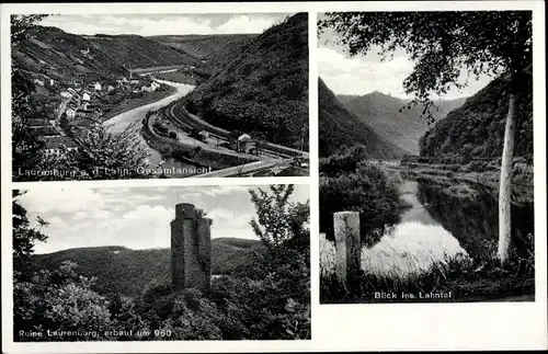 Ak Laurenburg an der Lahn, Blick ins Lahntal, Gesamtansicht, Ruine Laurenburg erbaut um 960