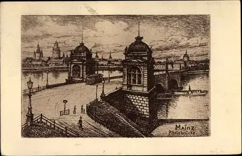 Künstler Ak Mainz am Rhein, Rheinbrücke
